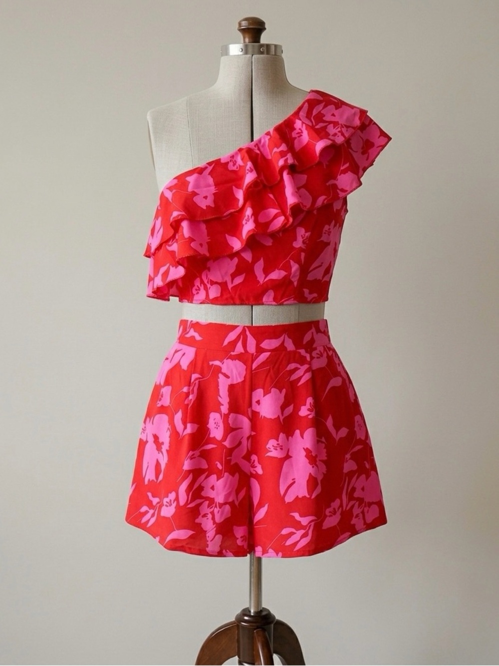 Red and Pink Floral One-Shoulder Crop Top & Shorts Set